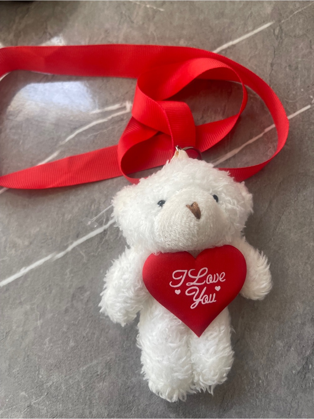 White Teddy Bear Keychain with Red Heart "I Love You"